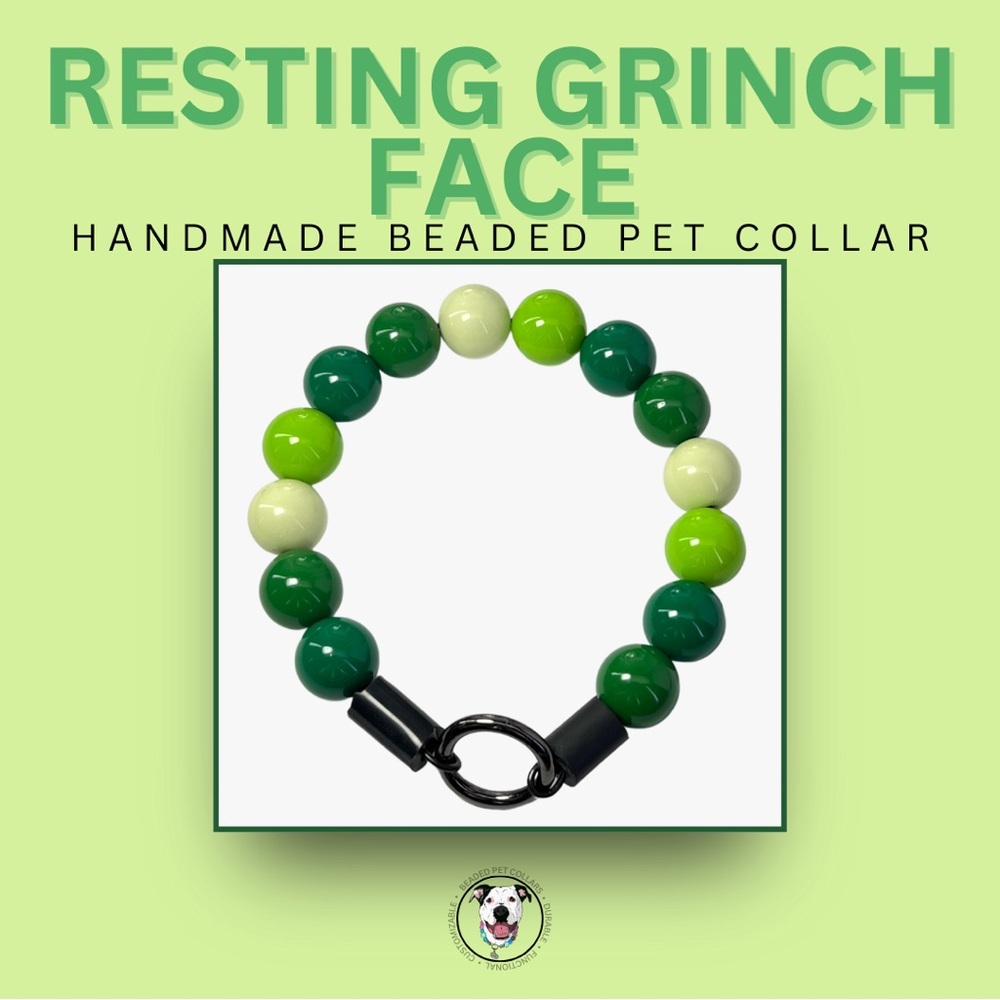 Handcrafted Beaded Dog Collar - Resting Grinch Face - Green Acrylic Beads